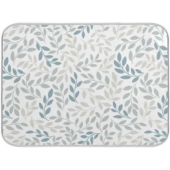 Grey and Blue Leaves branches Dish Drying Mat for Kitchen - Picture 1 of 8